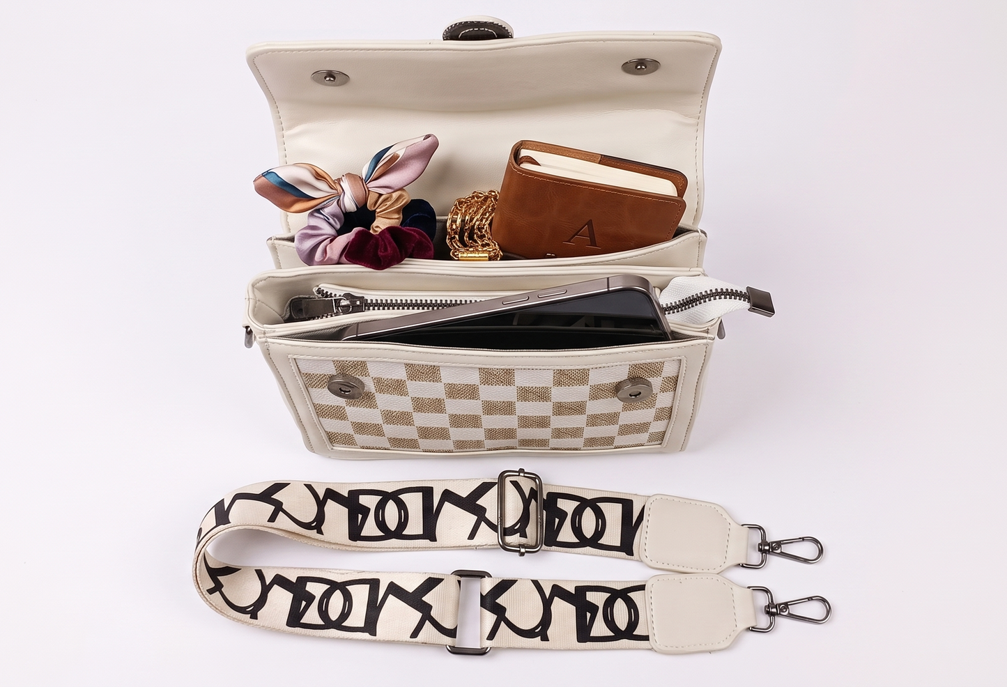 Vamyra Elegant Monogram Checker Slings Bag - Cream & Gold