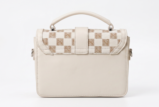 Vamyra Elegant Monogram Checker Slings Bag - Cream & Gold