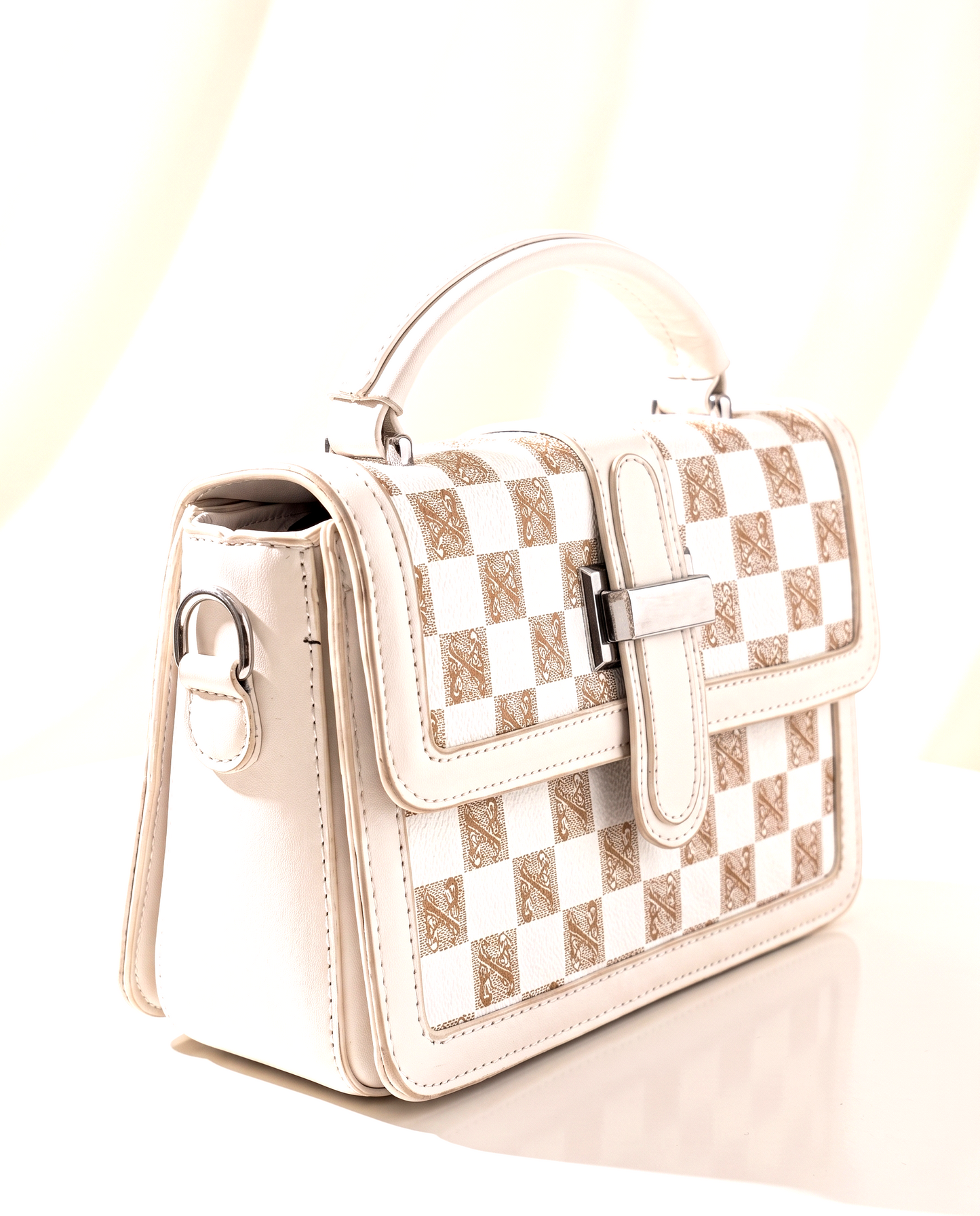 Vamyra Elegant Monogram Checker Slings Bag - Cream & Gold