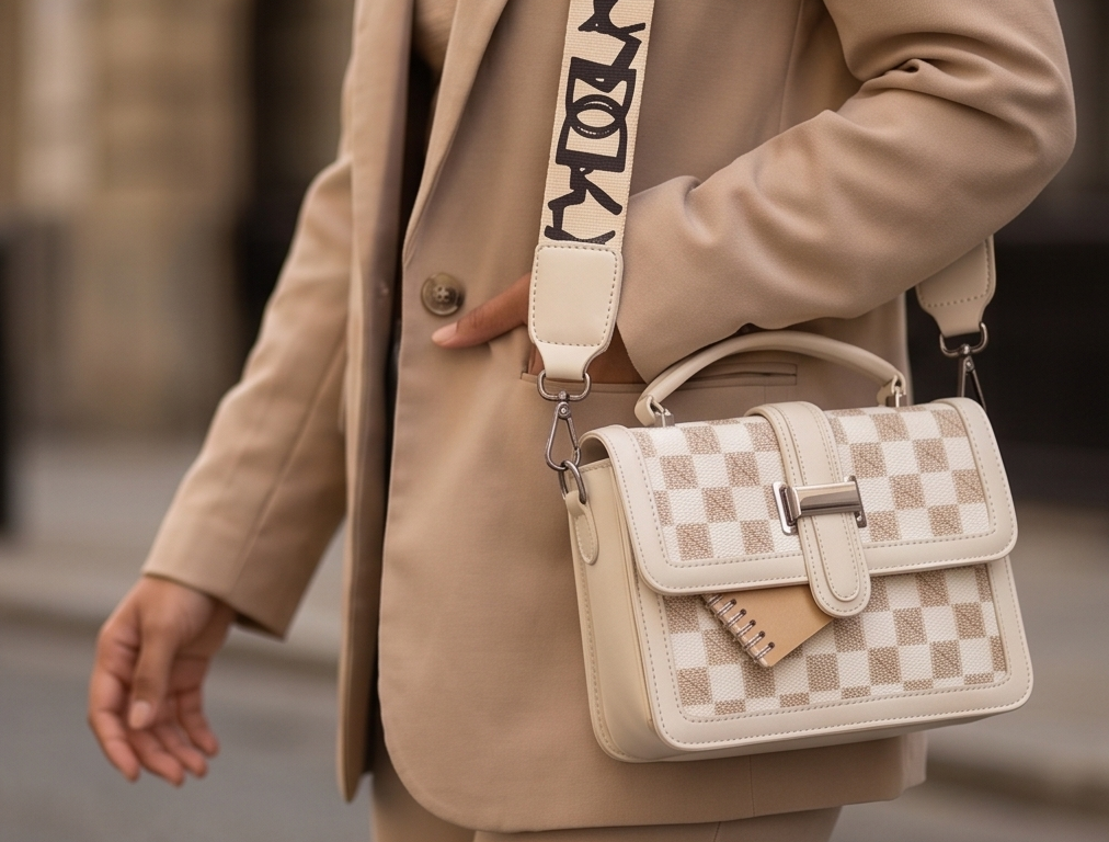 Vamyra Elegant Monogram Checker Slings Bag - Cream & Gold