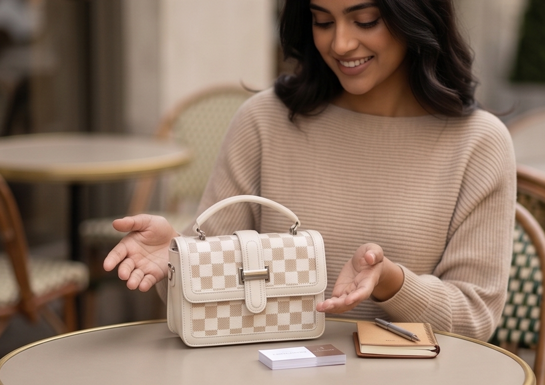 Vamyra Elegant Monogram Checker Slings Bag - Cream & Gold