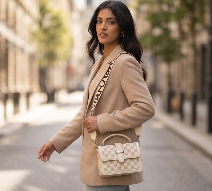 Vamyra Elegant Monogram Checker Slings Bag - Cream & Gold