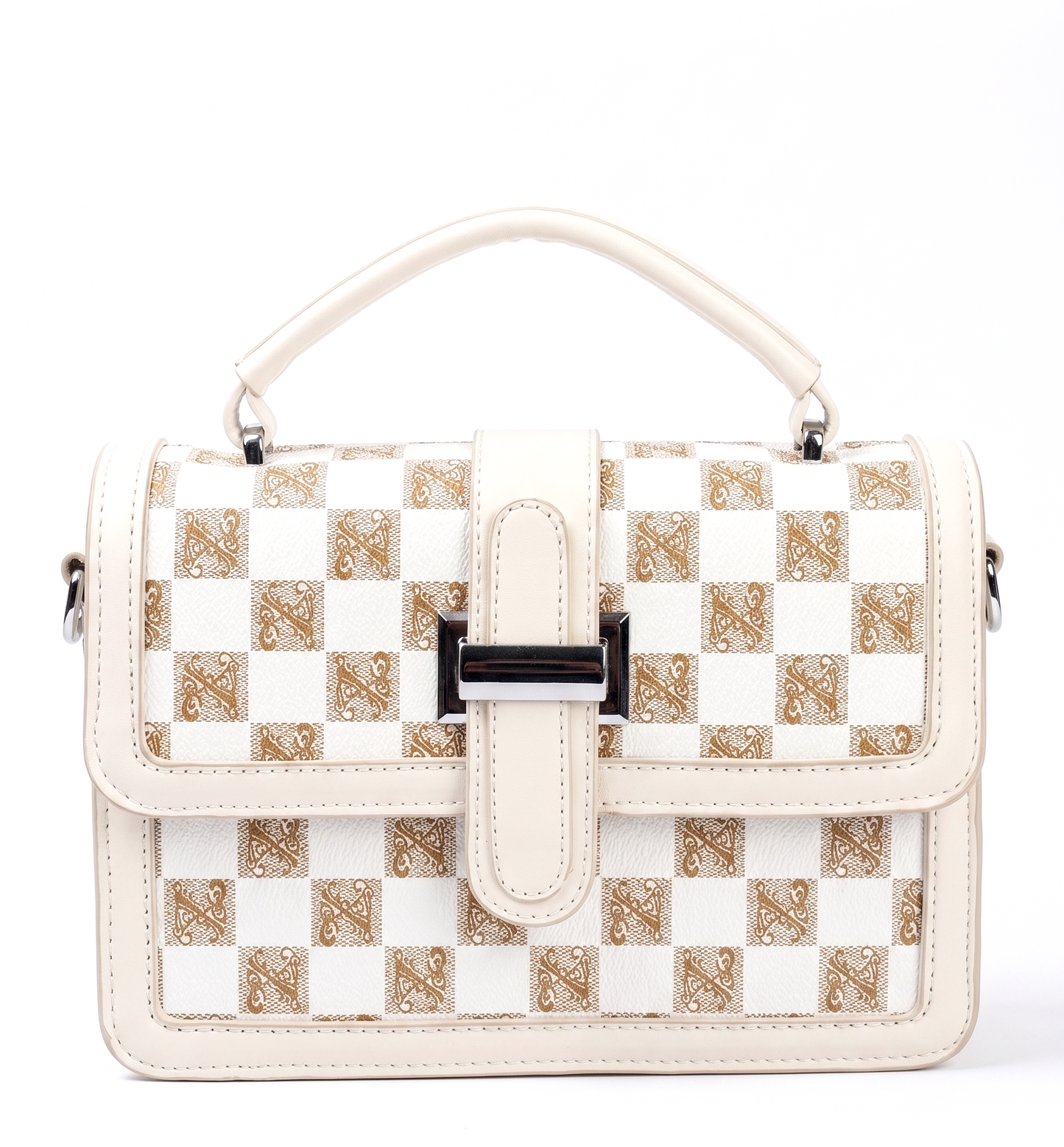 Vamyra Elegant Monogram Checker Slings Bag - Cream & Gold